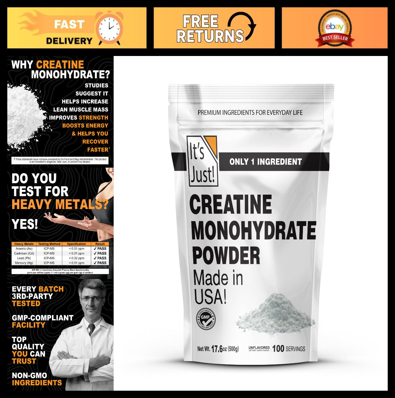 Pure Creatine Monohydrate Powder – 5g Per Serving, Lab Tested, Unflavored, 500g