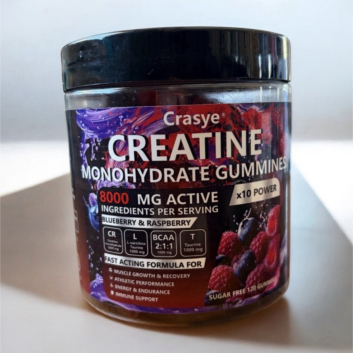 Crasye Creatine Monohydrate Gummies 8000mg Sugar-Free Blueberry Raspberry 120