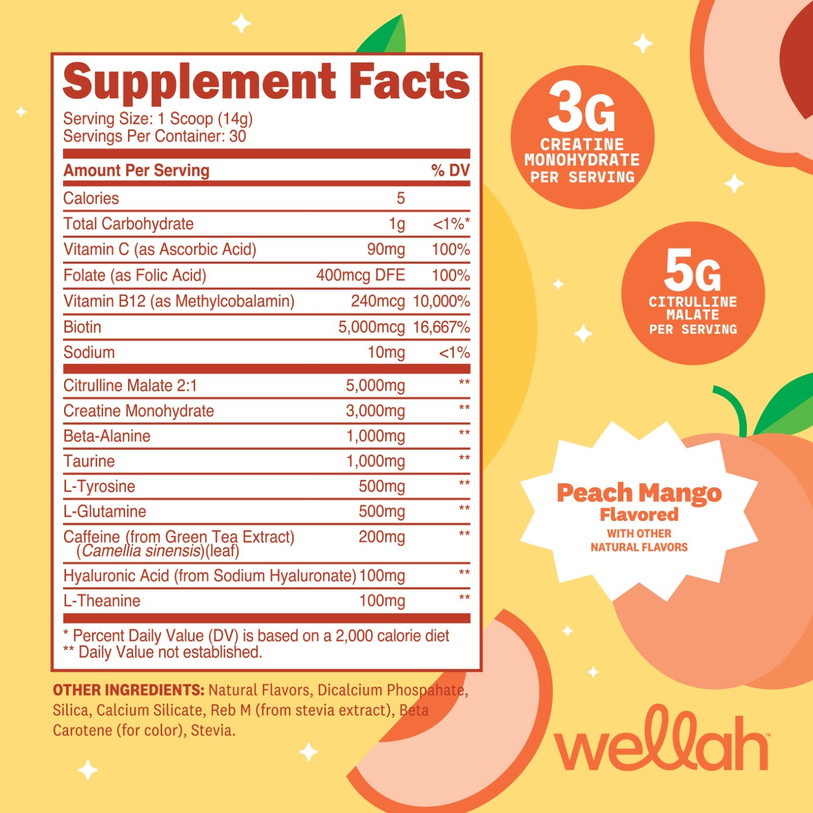 Wellah Pre-Workout + Creatine Powder (30 Servings) Peach Mango – 200mg Caffeine