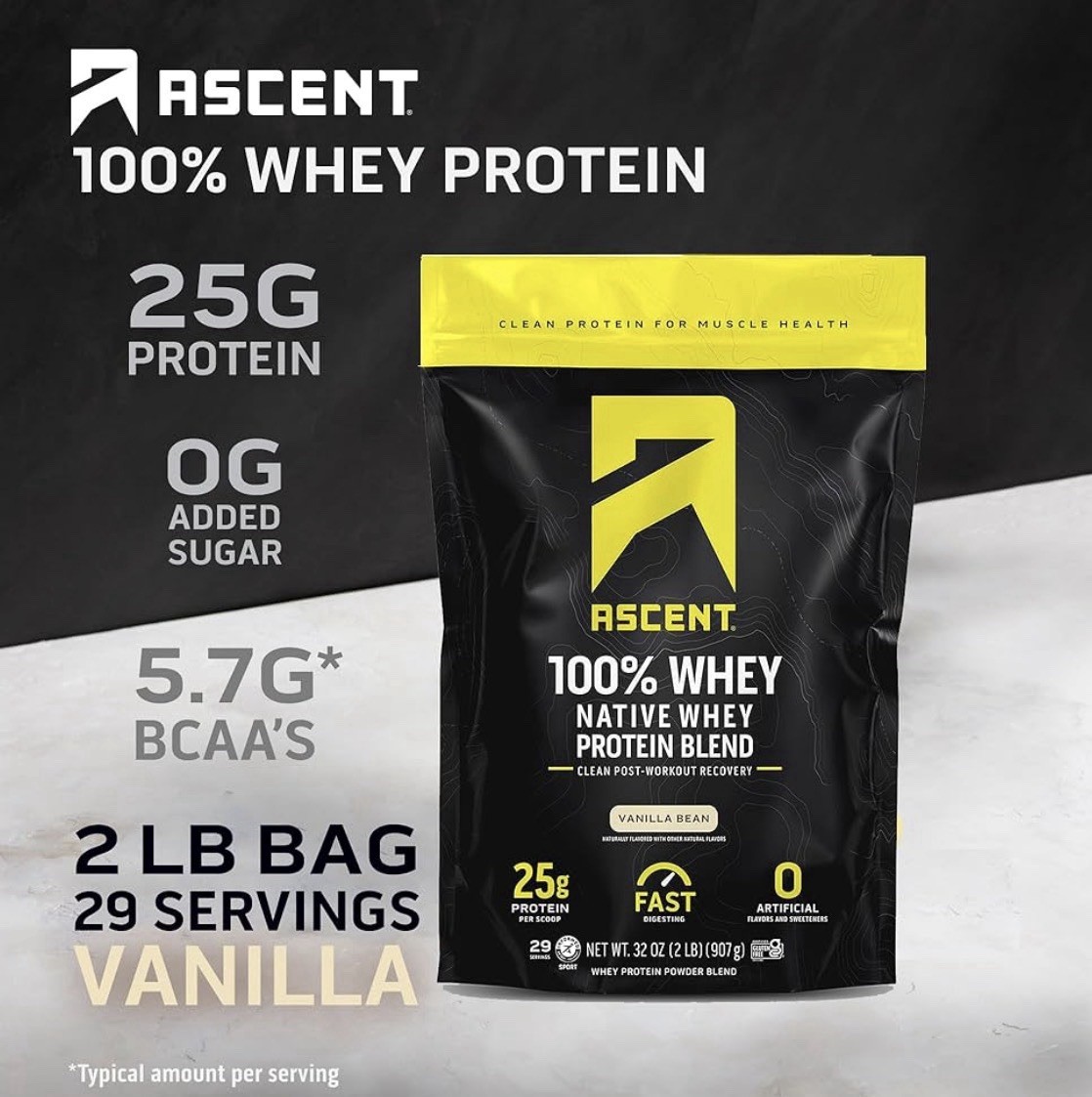 Ascent 100% Whey Protein Powder Vanilla Bean 2 Lb BB 5/07/26