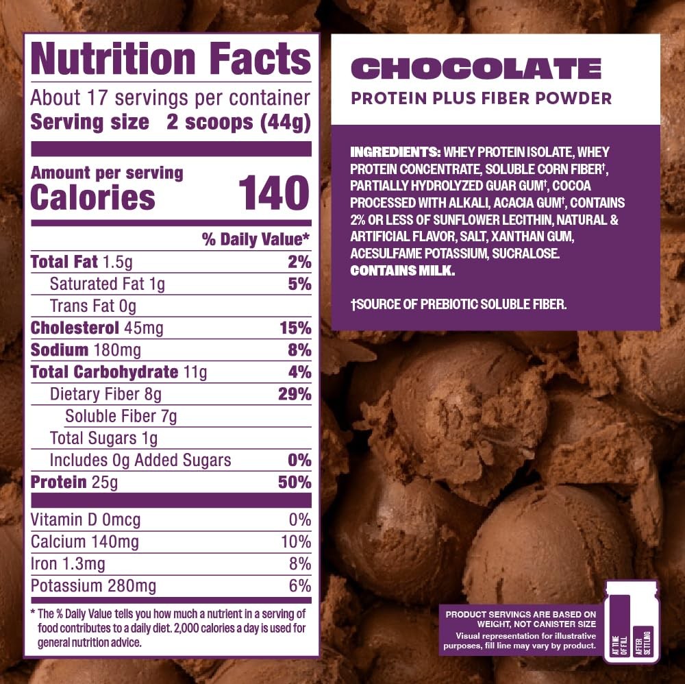 Powder Plus Fiber, Chocolate, 25g Protein, 7g Fiber to Support Gut Health, No…
