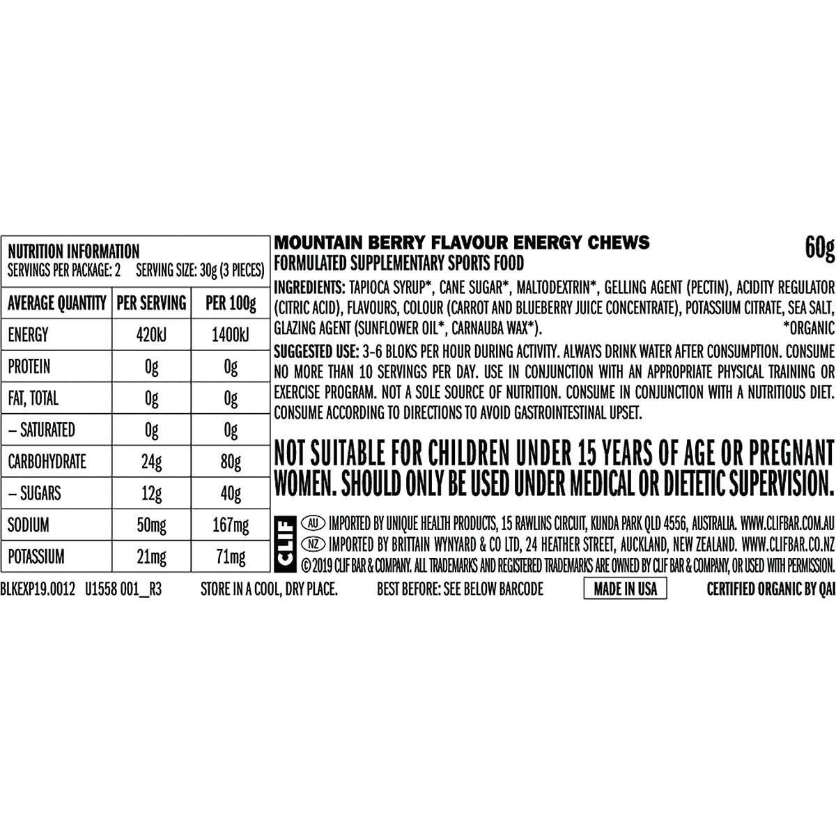 CLIF Bloks Energy Chews Mountain Berry 60g (Pack of 18)
