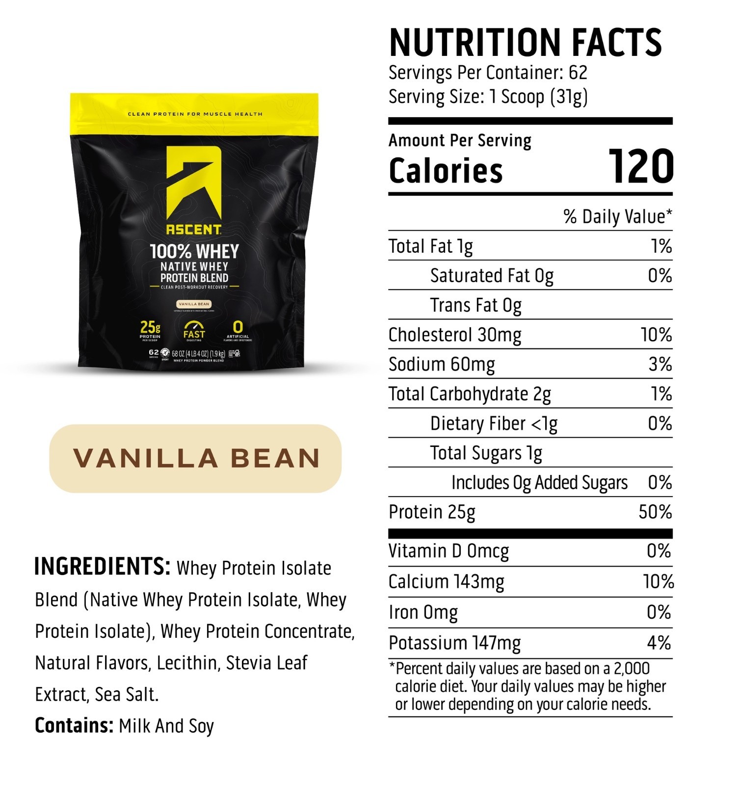 Ascent Whey Protein Vanilla Bean or Chocolate 4.25 lb Native Whey 25g Protein