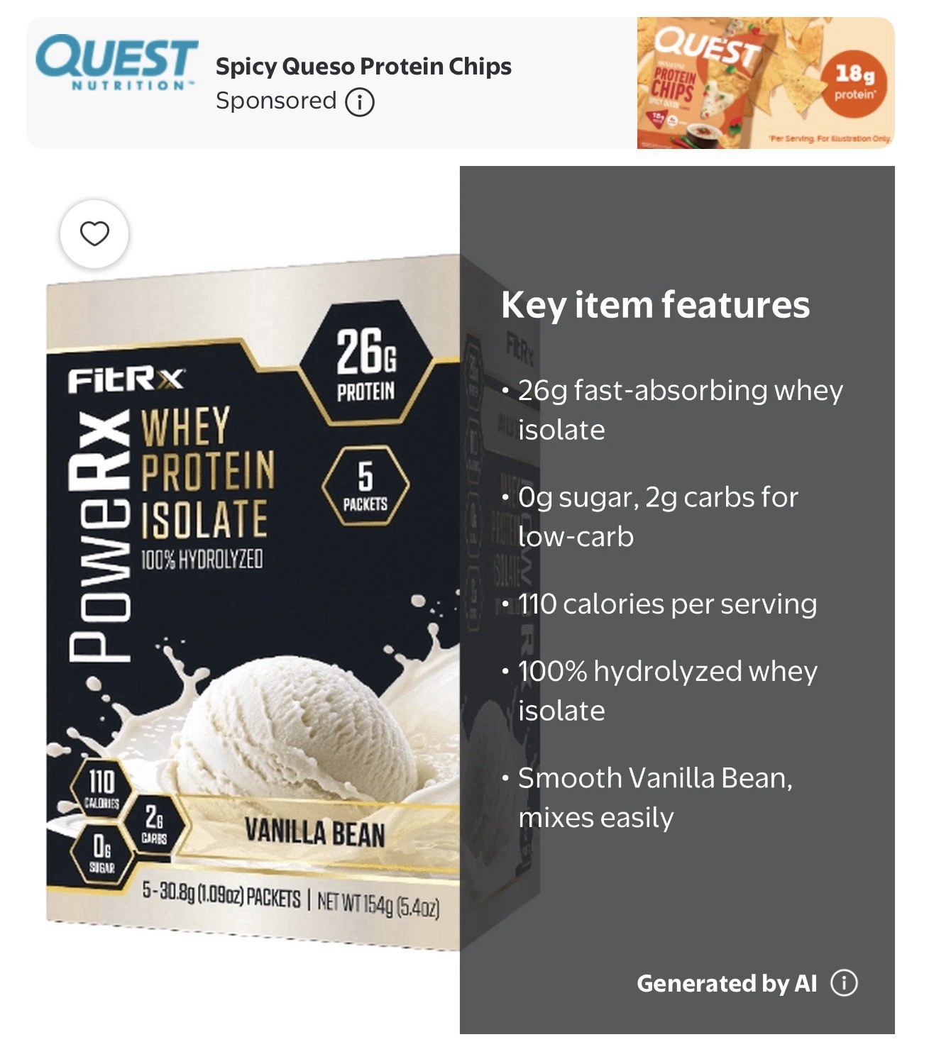 FitRx PowerRx Whey Protein Isolate Powder Vanilla Bean 5 Packets 5.4 oz