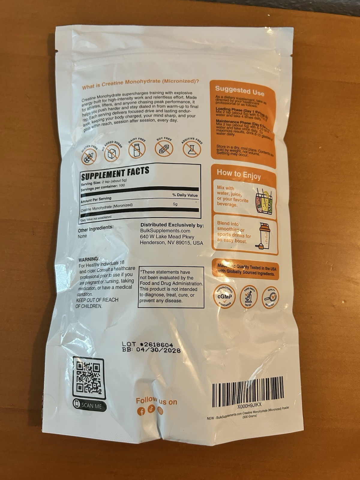 Bulk Supplements, Creatine Monohydrate 100 Servings Unflavored
