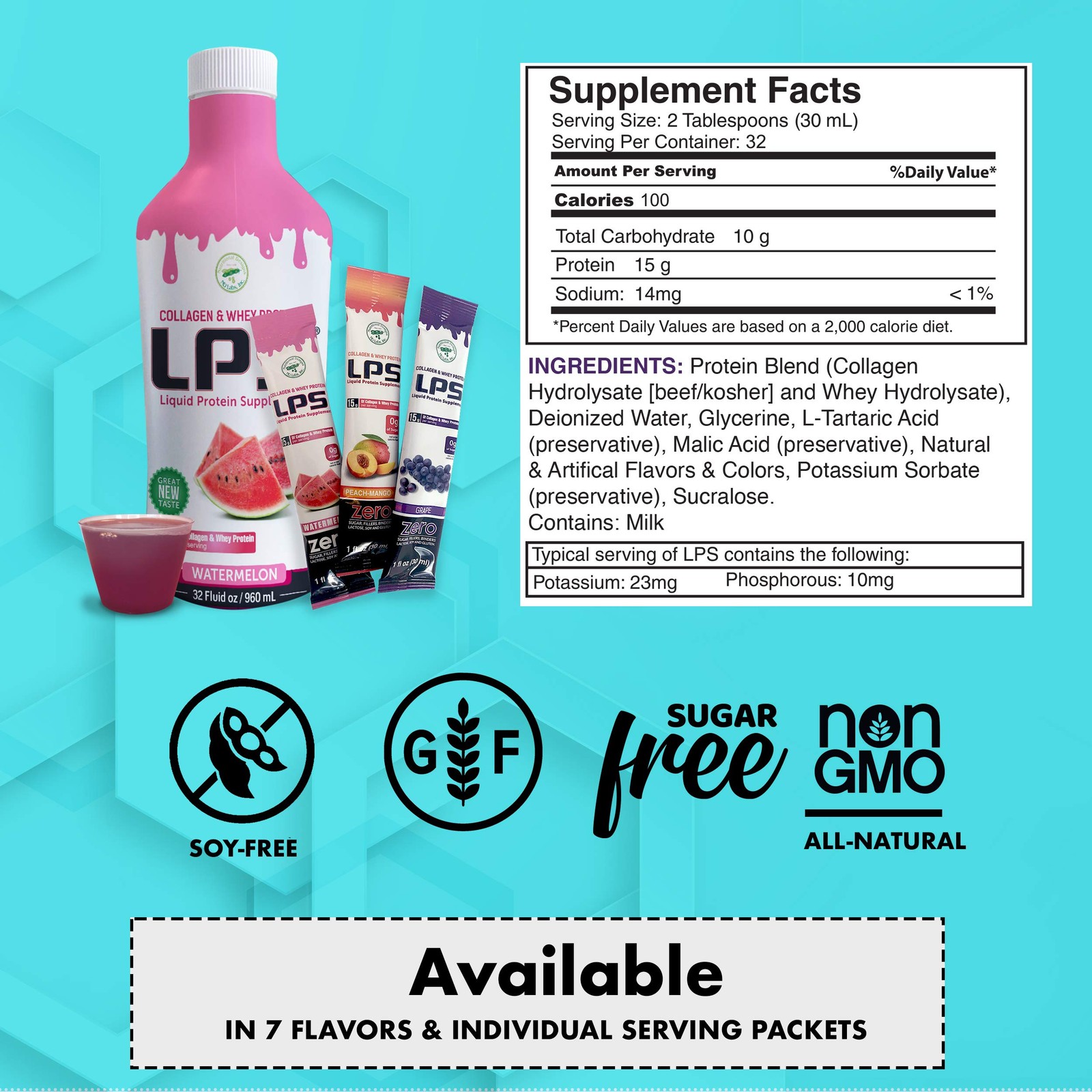 LPS Liquid Collagen & Whey Protein Supplement – Non-GMO Drink, Sugar-Free – P…