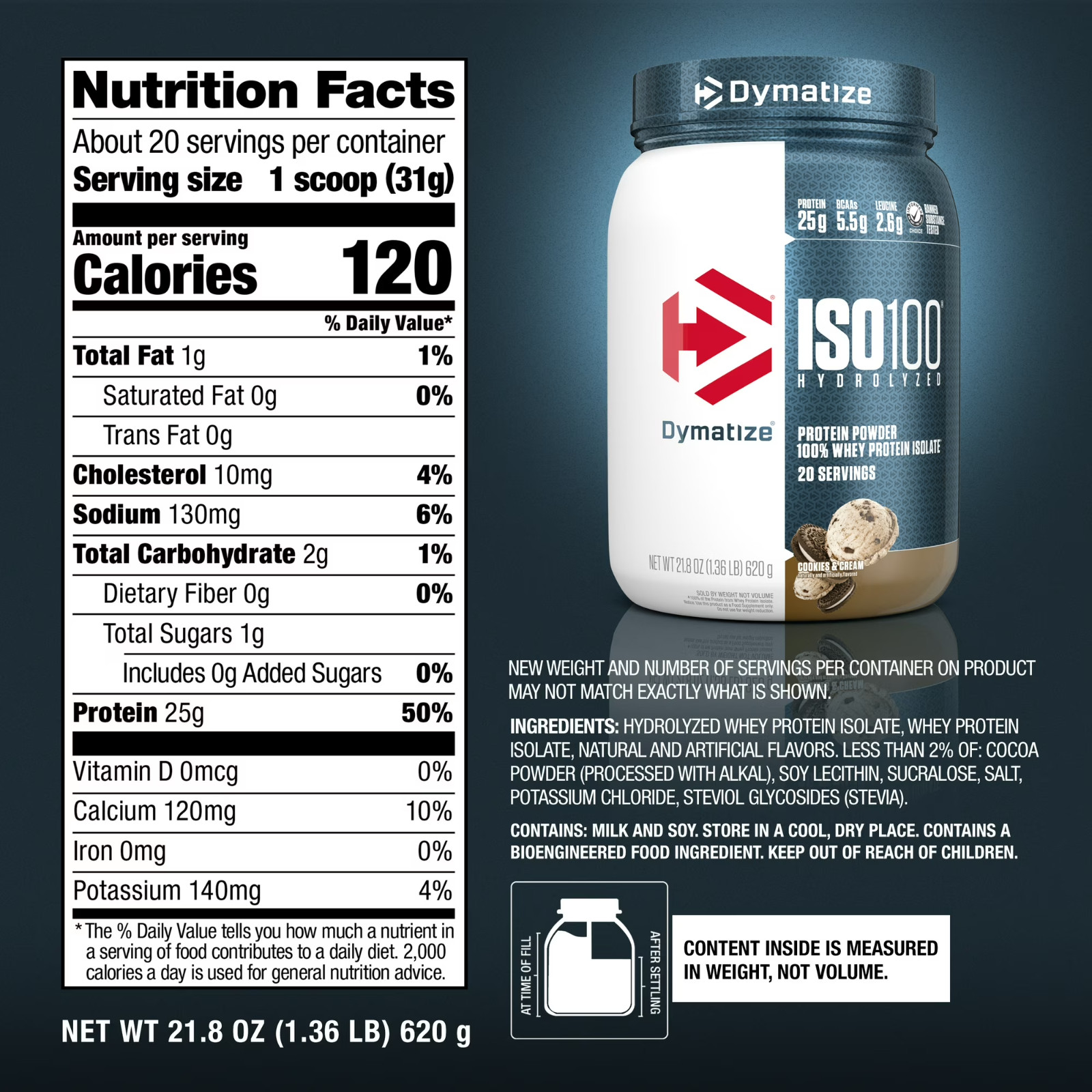 Dymatize ISO100 Hydrolyzed Whey Isolate Protein Powder Cookies Cream 20 Serving