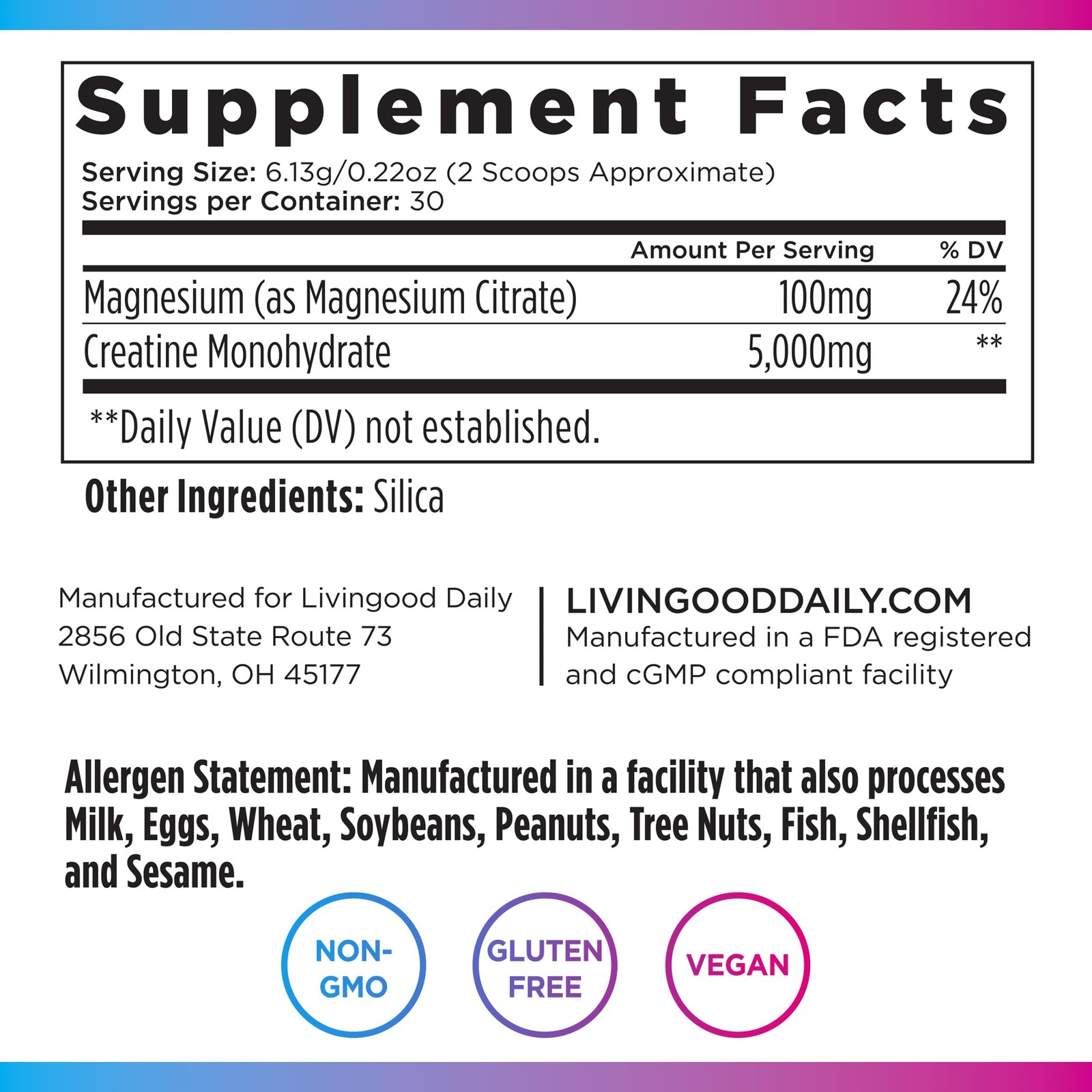 Livingood Daily Creatine + Magnesium Powder, Unflavored | 5g Micronized Creat…