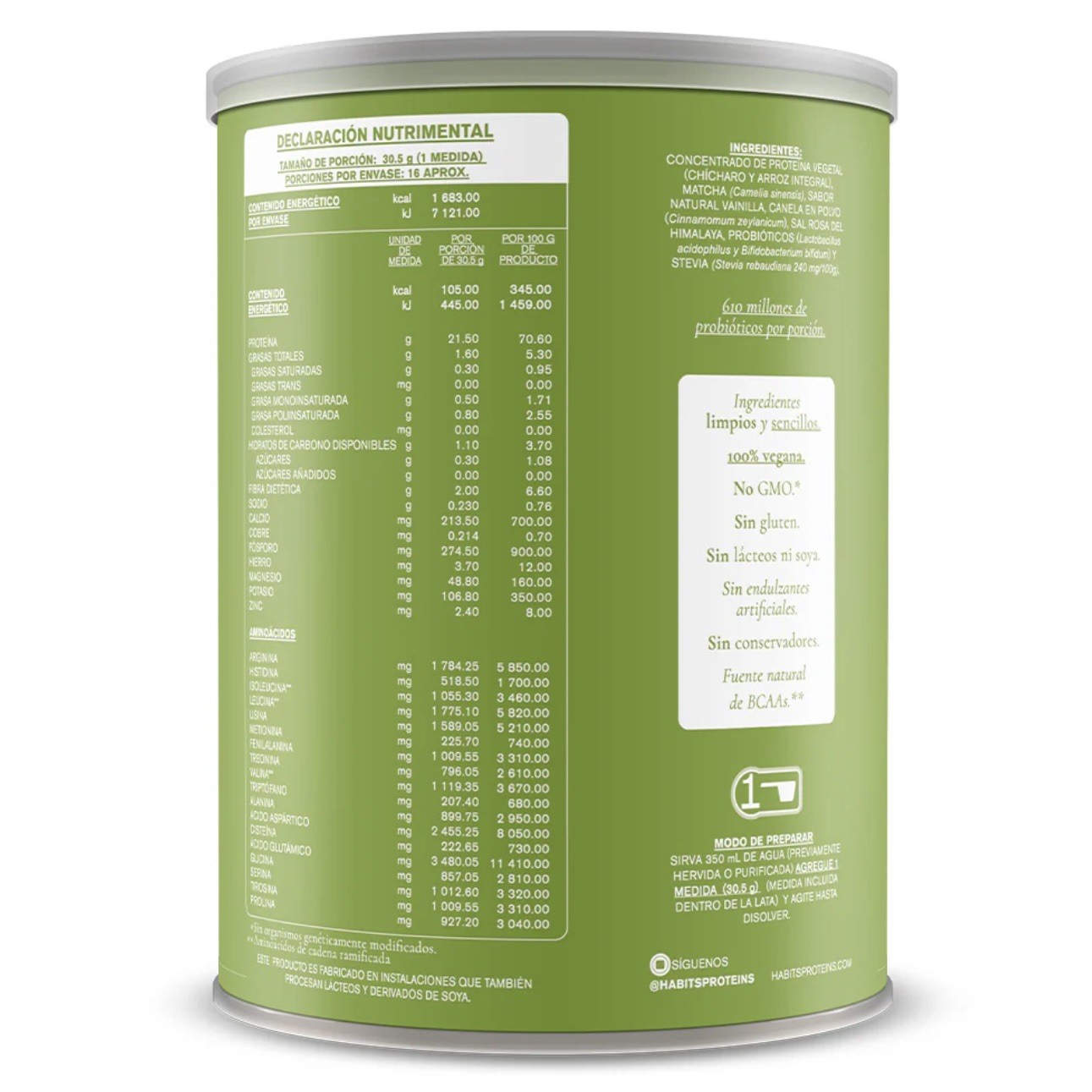 HABITS Vegan Protein Matcha Vanilla Probiotic 488g Not A Fancy Kitchen Non-GMO