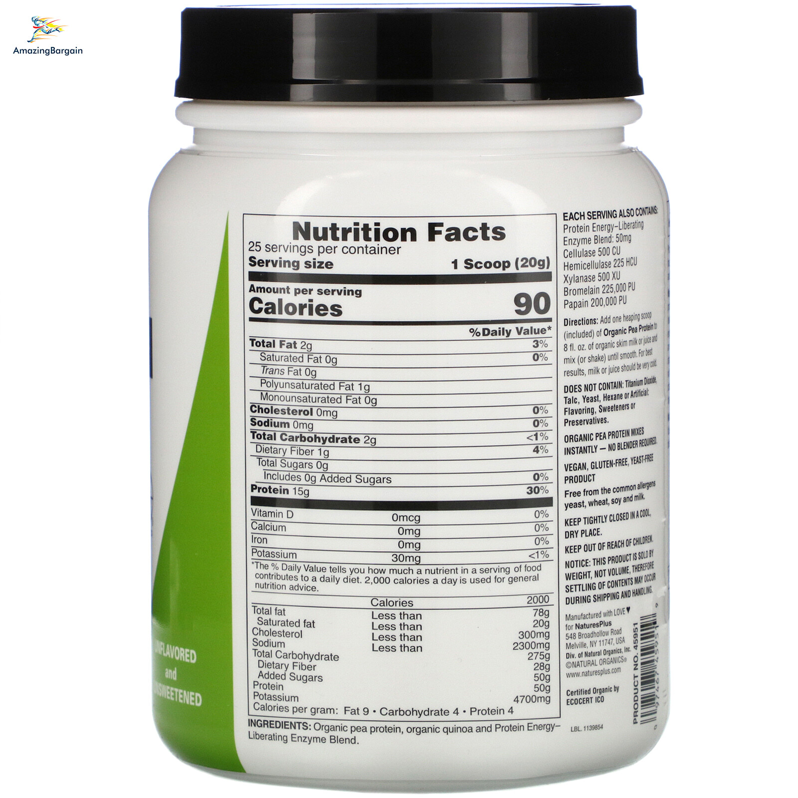 Nature’s Plus, Organic Pea Protein Powder, 1.10 lbs (500 g)