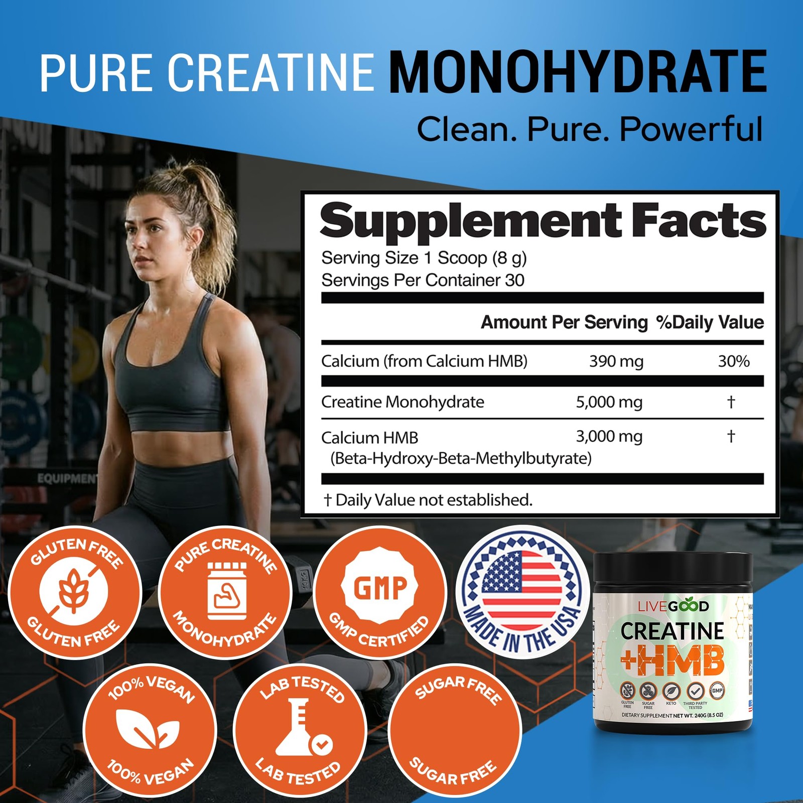 LIVEGOOD Creatine Monohydrate with HMB for Lean Muscle 8.5 Ounce (Pack of 1)
