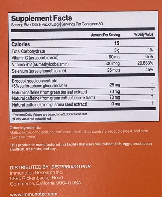 Immunocal Booster Energy PERFORMANCE Nrf2 30 Stick Packs Per Box 2 Boxes