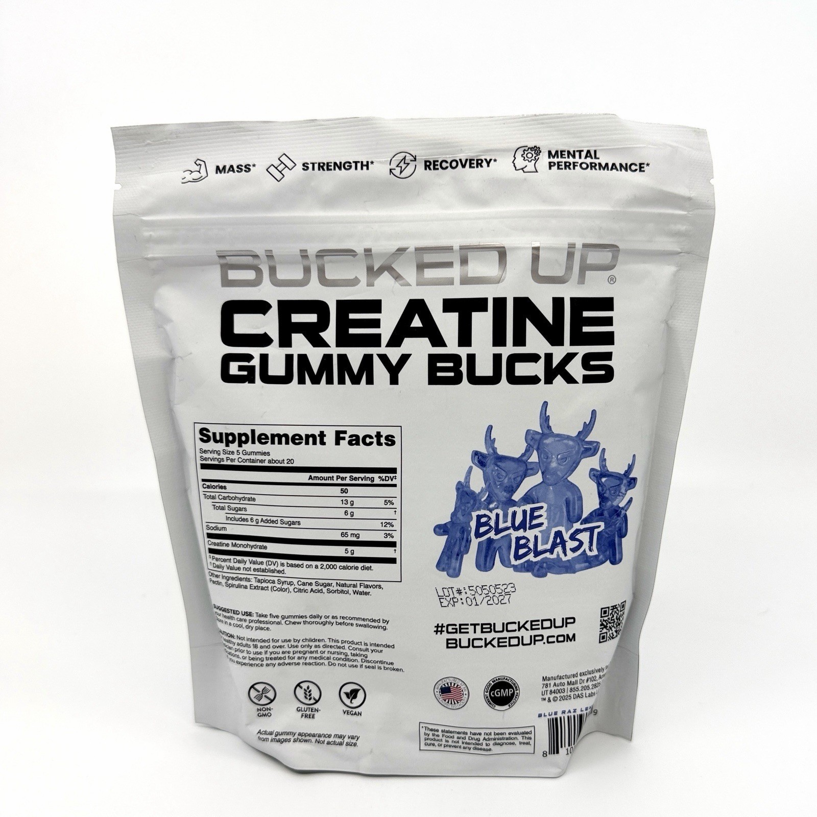 Bucked Up Creatine Gummy Bucks Blue Blast 17.4oz 20 Servings Best By 01/27 NEW