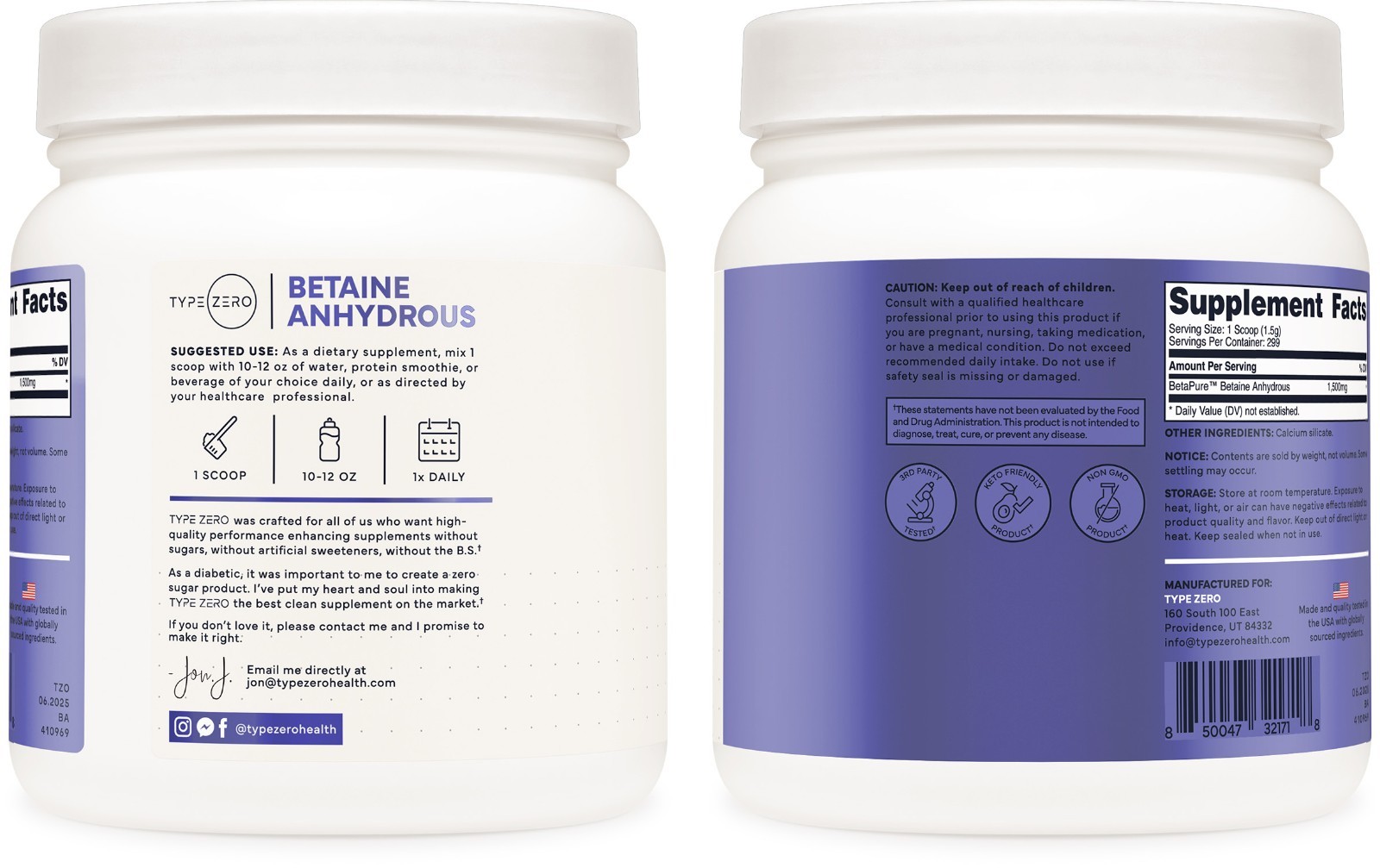 Type Zero Betaine Anhydrous Powder (1 LB) Unflavored – TMG Powder, 1,500mg, Keto