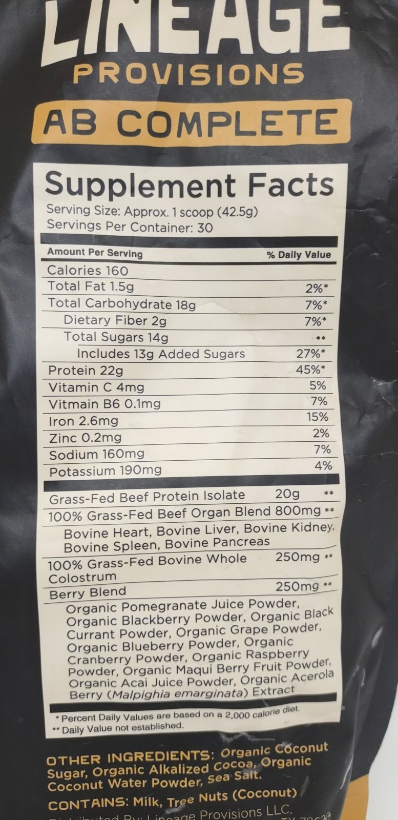 Lineage AB Complete CHOCOLATE Protein Powder 30 Servings Exp 04/2027