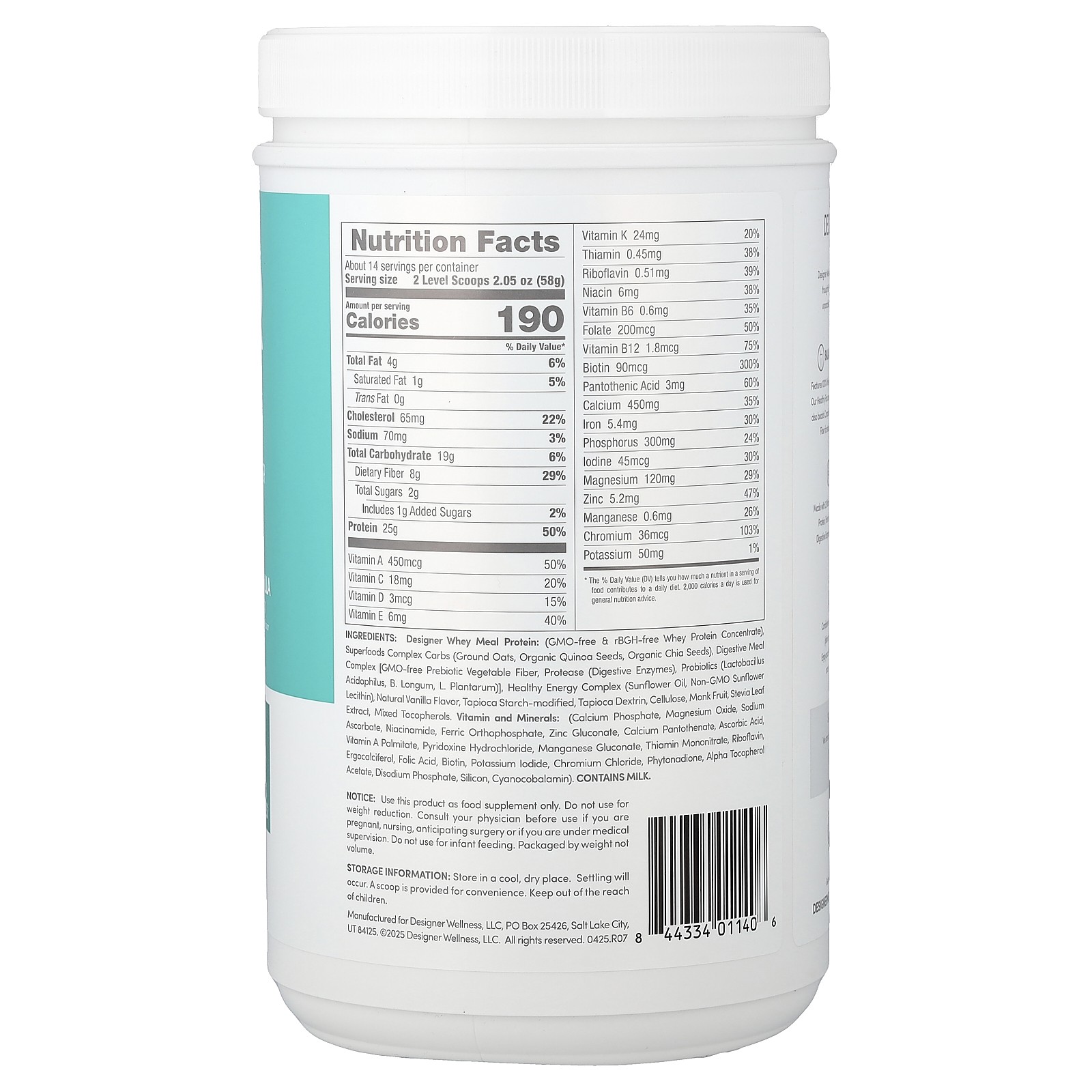 Designer Whey, Meal Replacement Protein Powder, Vanilla Bean, 1.72 lb (783 g)