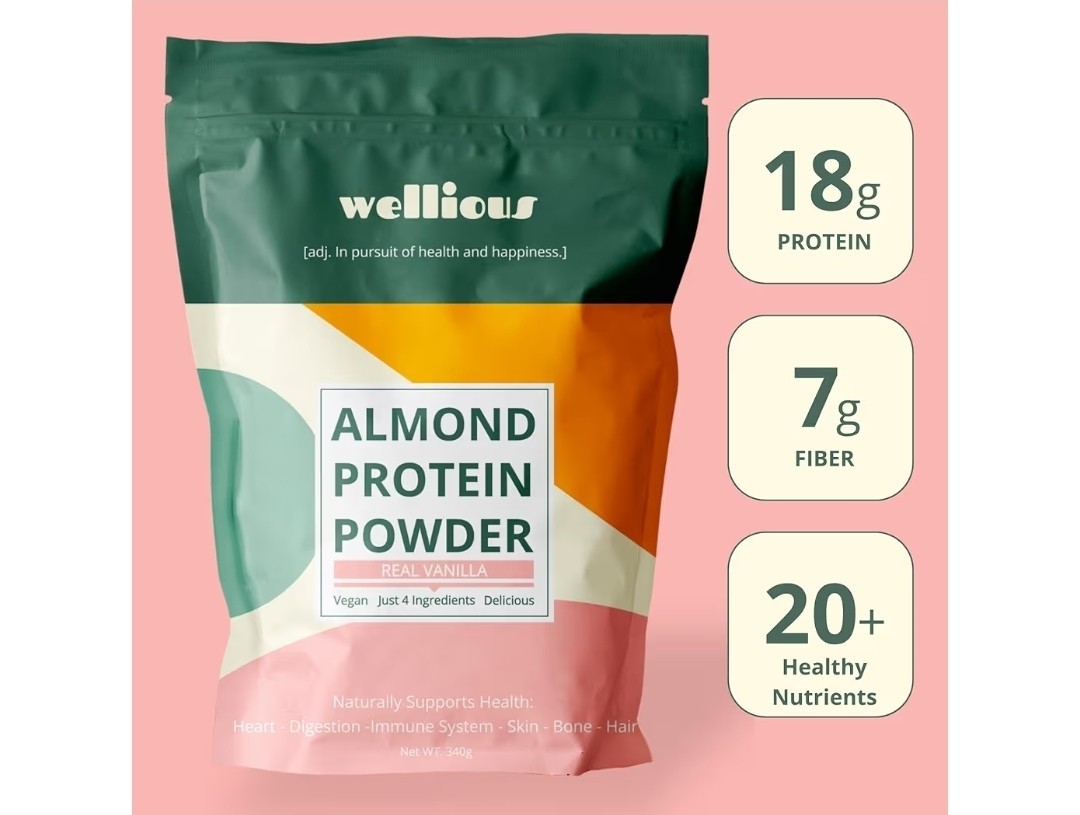 Wellious Almond Protein Powder Vanilla Vegan No Artificial Flavors 340g