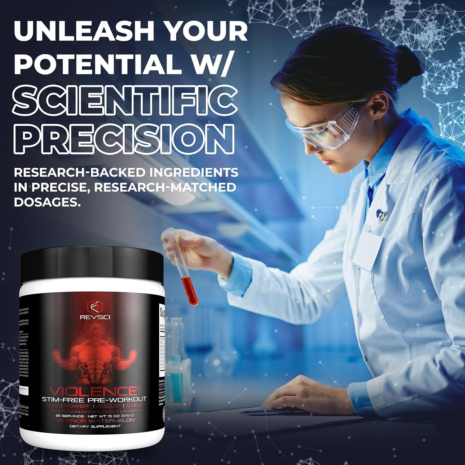 VIOLENCE Stim Free Pre Workout Powder by REVSCI, Precision Dosed Non Stim Prewor