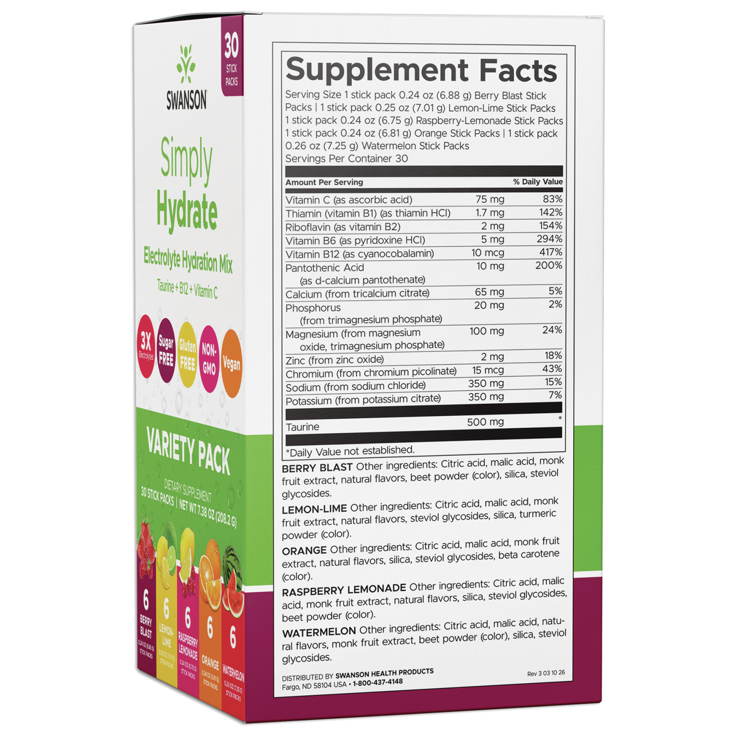 Swanson Simply Hydrate Electrolyte Hydration Mix – Variety Pack 30 Pkts