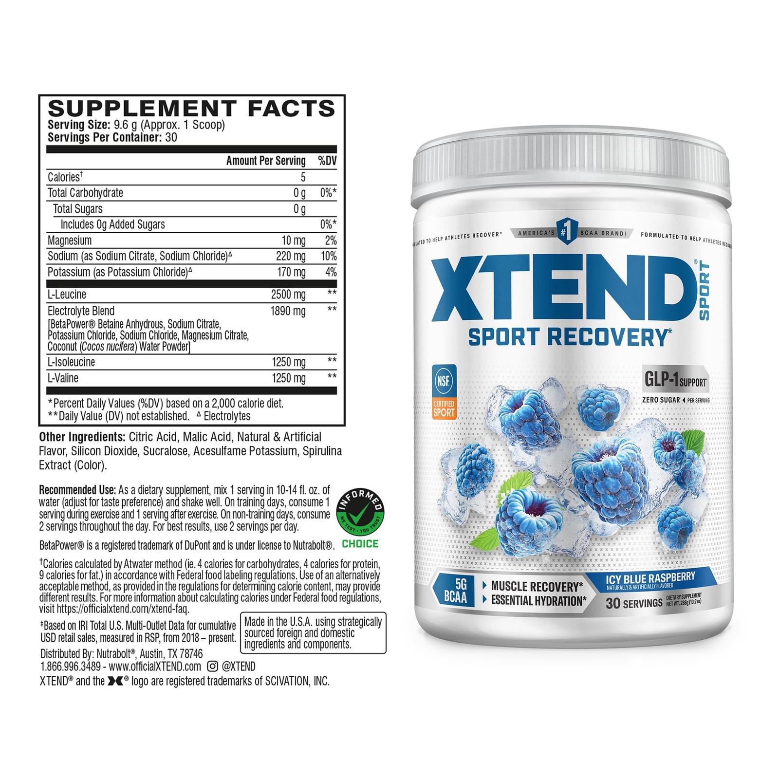 XTEND Sport BCAA Powder Blue 12.2 Ounce (Pack of 1), Raspberry Ice