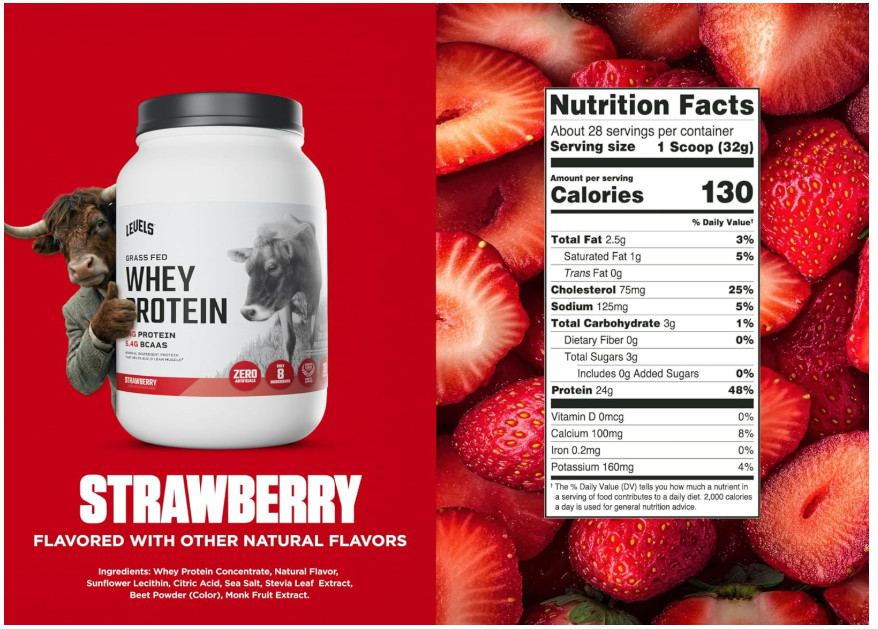 Levels Grass Fed Whey Protein Strawberry 2LB 24g Protein No Artificial
