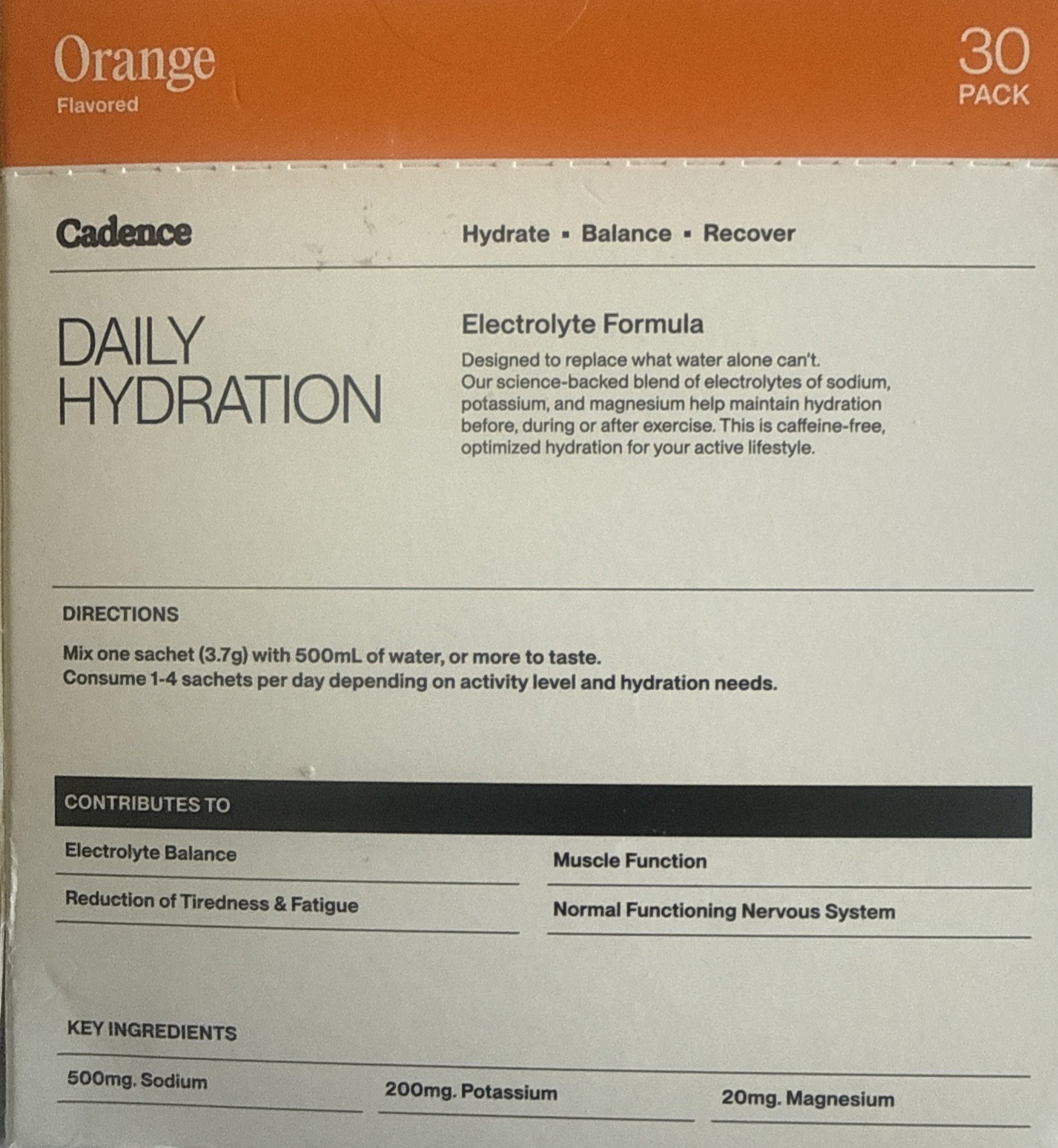 Cadence Core Electrolyte Hydration Supplement Orange 30 Sachets