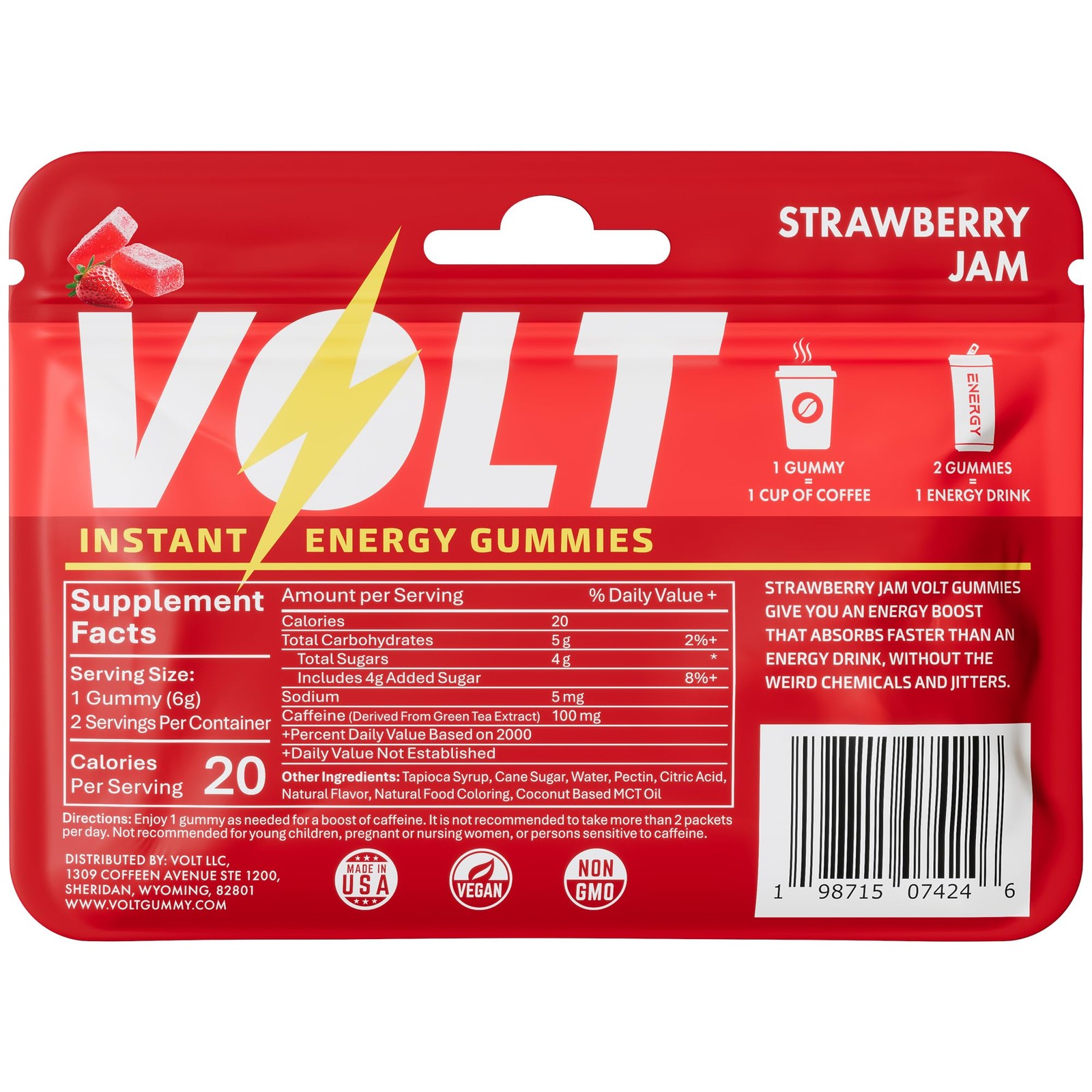 Volt Instant Energy Gummies – 100mg Caffeine per Gummy – Fast-Acting Fuel Red