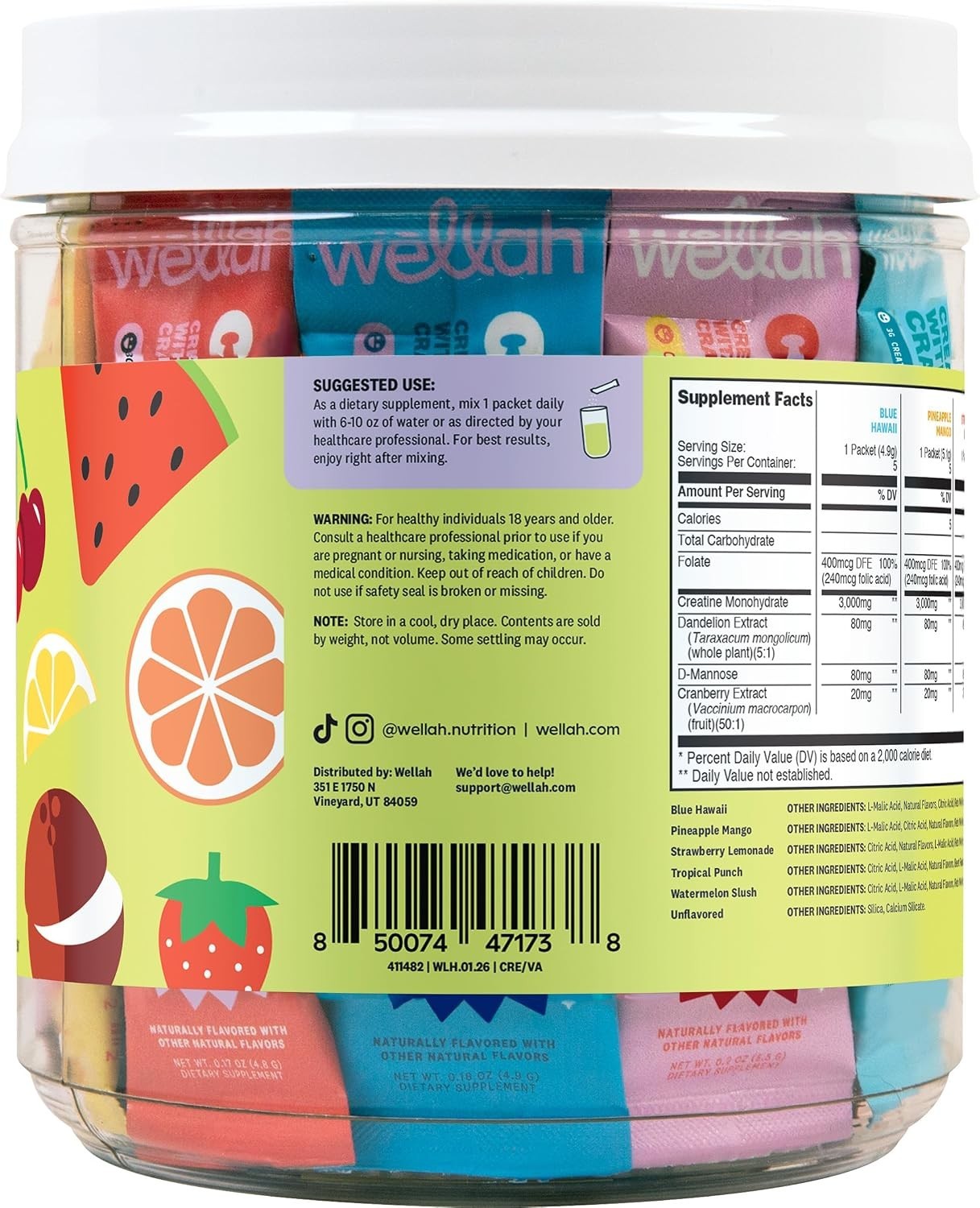 Wellah Creatine Monohydrate Powder for Women 30 Stick Packs 6 Flavors 3g