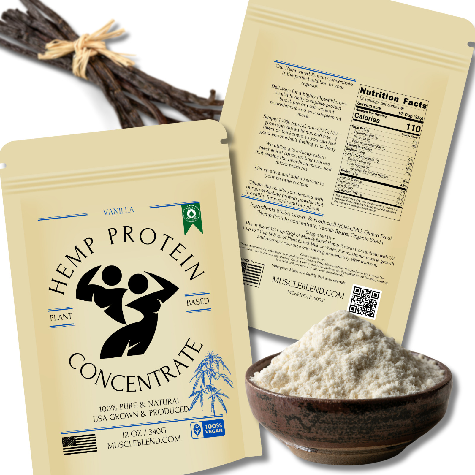 Muscle Blend VANILLA USA Hemp Protein Concentrate, 100% NATURAL, Non-GMO, Vegan