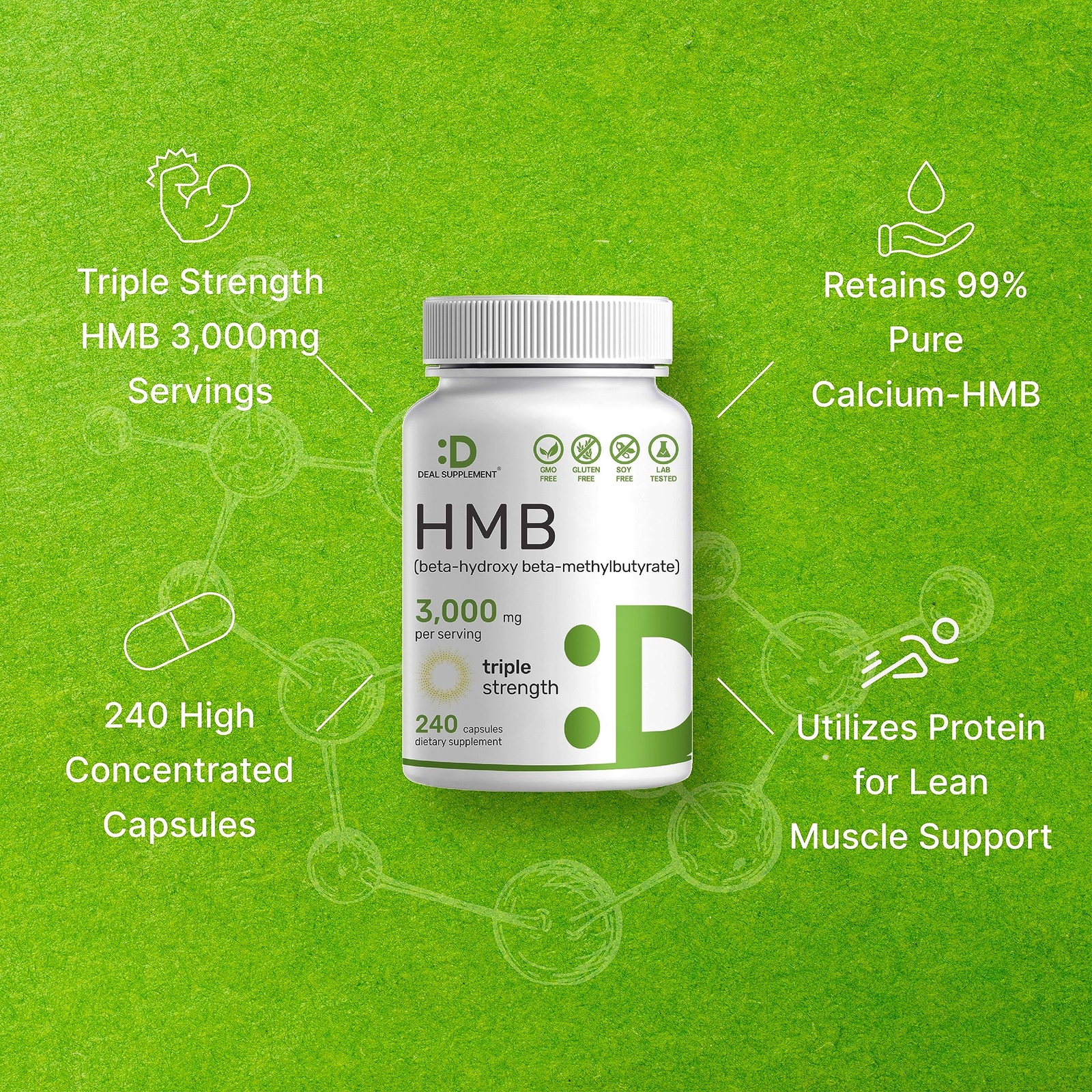 HMB 3000mg For Muscle Growth Lean Muscle Mass Fast Workout Recovery 240 Capsules