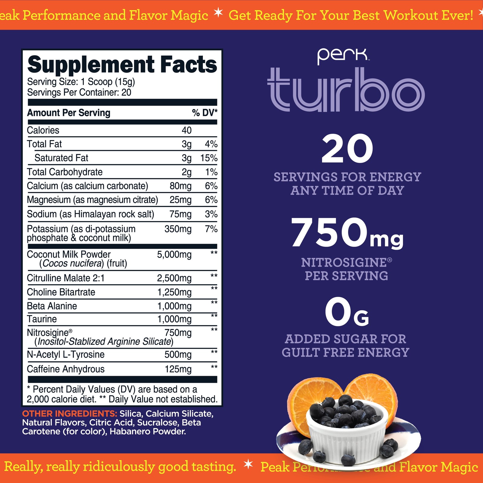 Turbo Pre-Workout Powder (Blueberry Tangerine) 20 Servings – 125Mg of Caffeine w