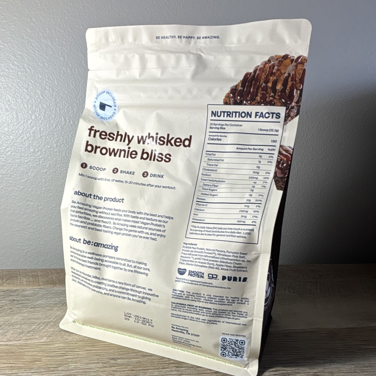 Be Amazing Vegan Protein Powder Chocolate Brownie Batter 28.4 oz Exp 10/2027