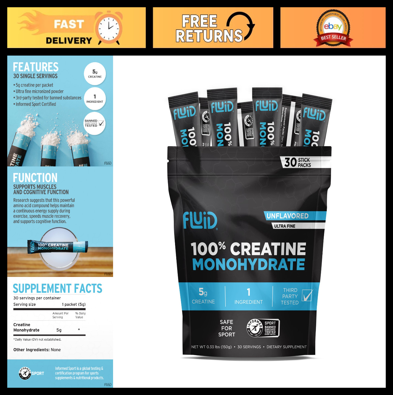 Micronized Creatine Monohydrate Powder – Informed Sport Certified, Unflavored, 3