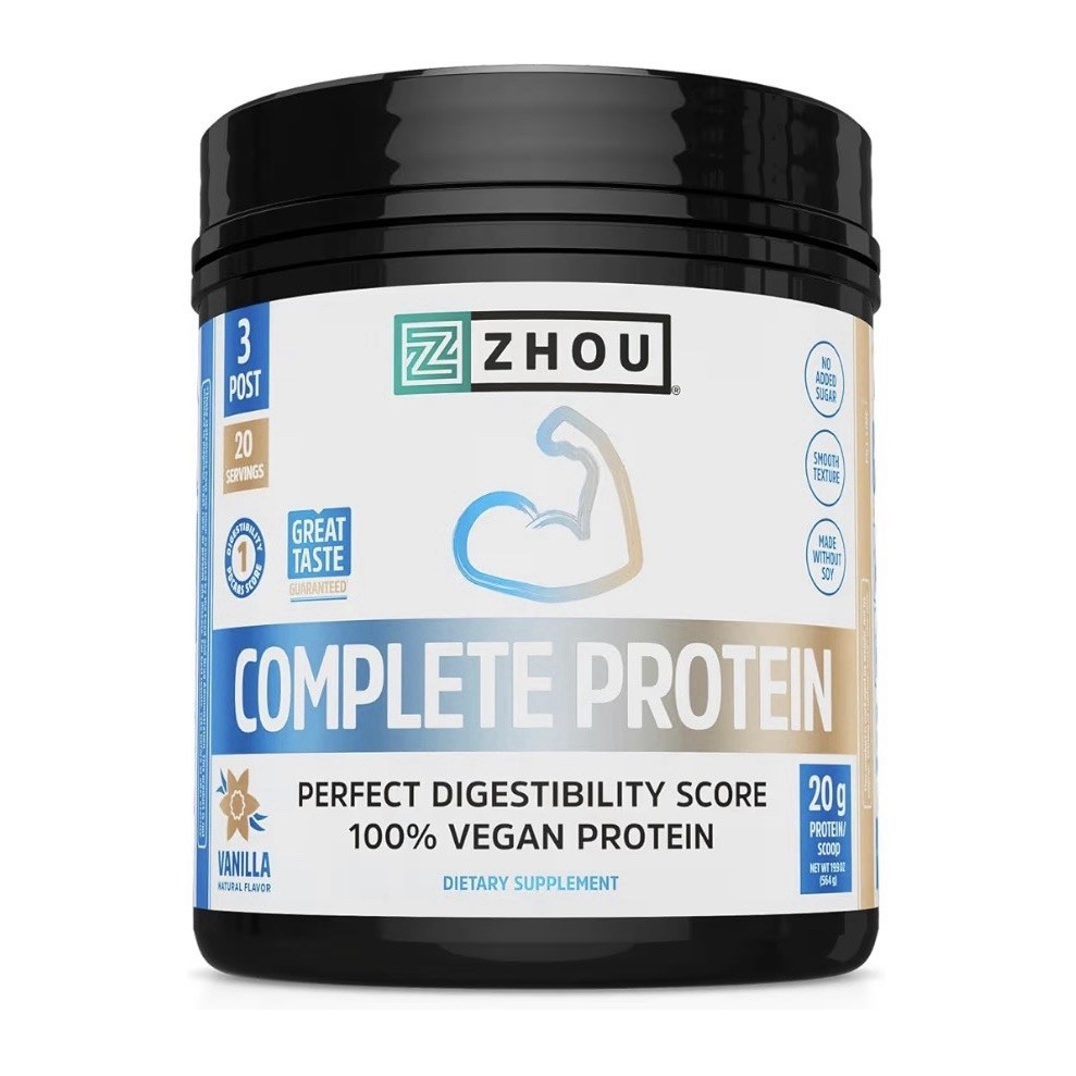 Zhou Complete Protein Vanilla 100% Vegan Protein, No Sugar Added (19.9oz)