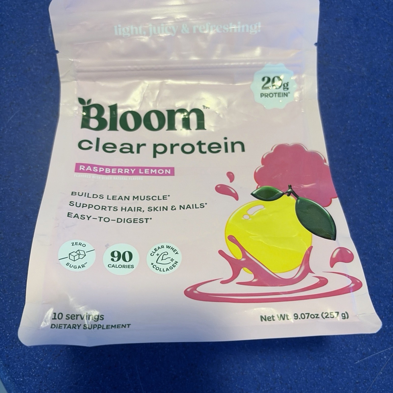 Bloom Clear Protein Powder Raspberry Lemon 20g Zero Sugar 9.07oz 10sv