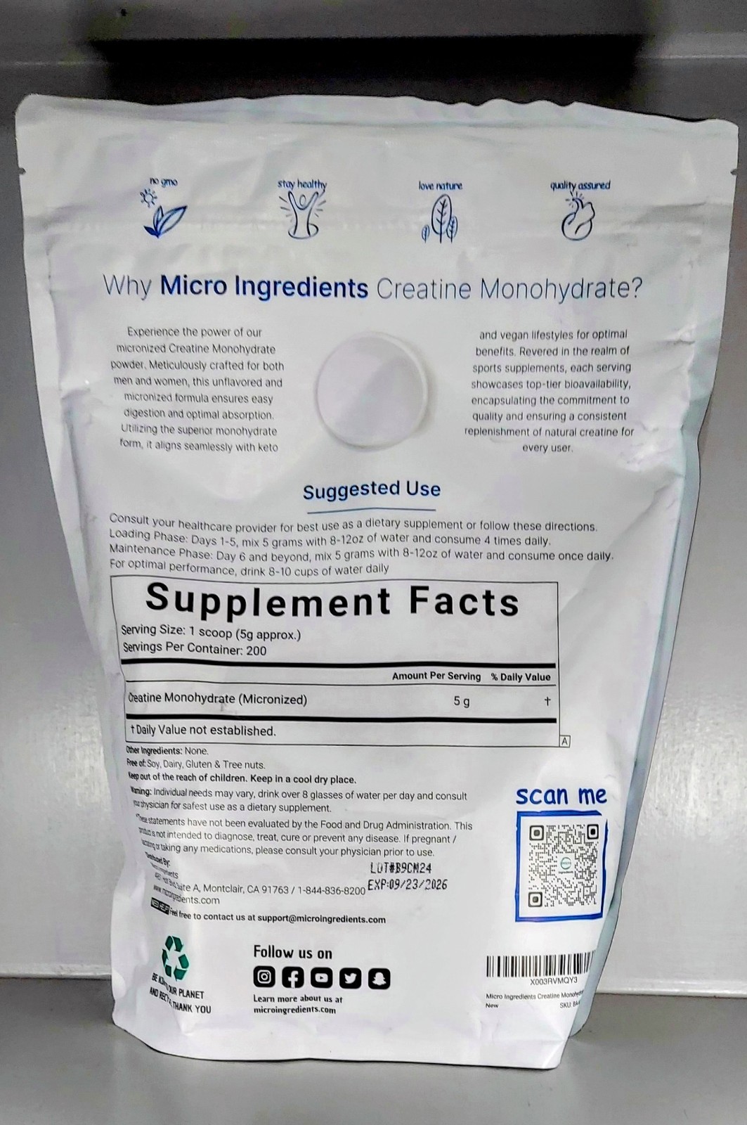 Creatine Monohydrate Powder 1 kg (2.2 Lbs), 5000mg Per Serv, Micronized