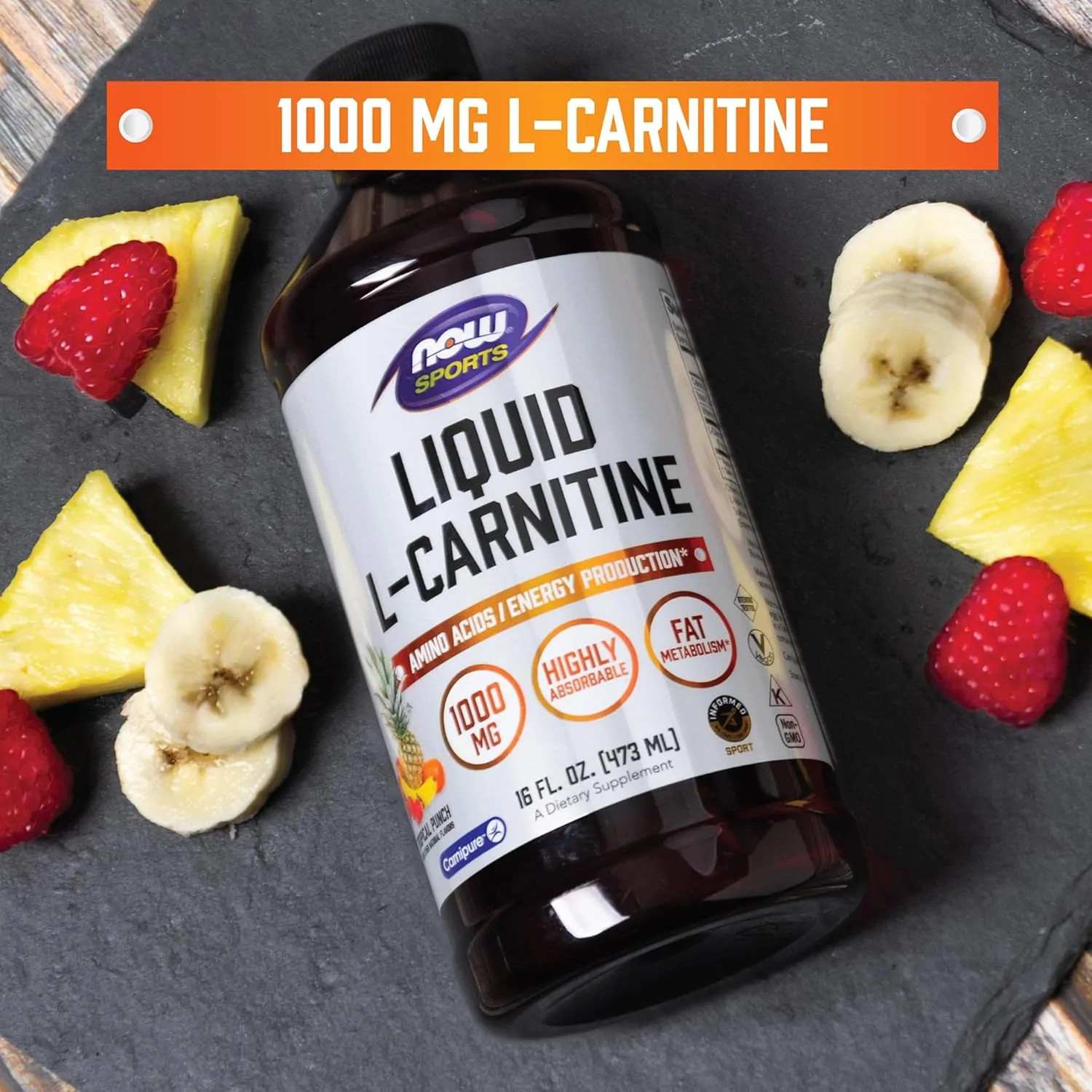NOW Foods L-Carnitine Liquid,Pharm Grade L-Carnitine Tropical Flavor 1000mg,16Oz