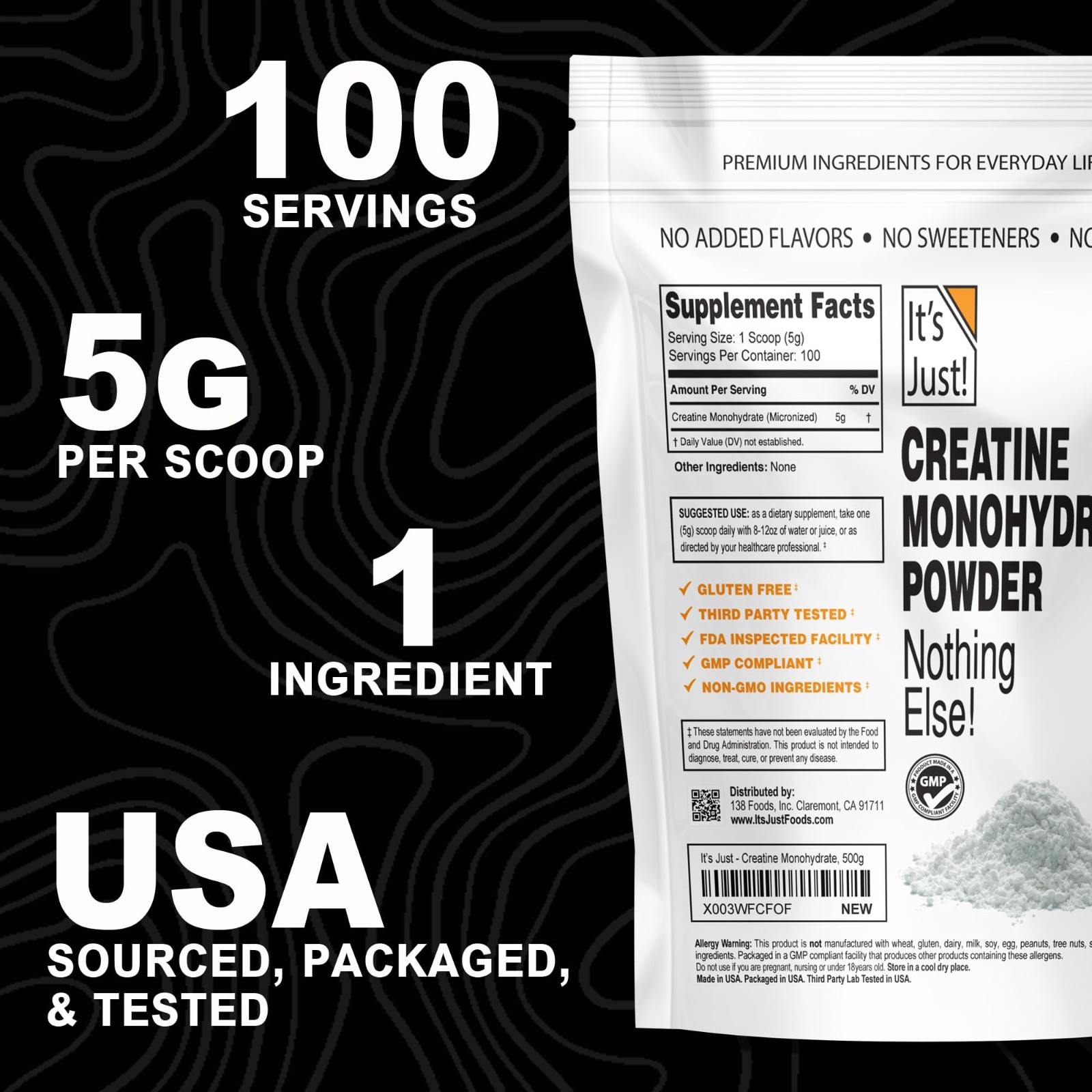 Pure Creatine Monohydrate Powder – 500g, 5g Serving, Lab Tested, Unflavored, No