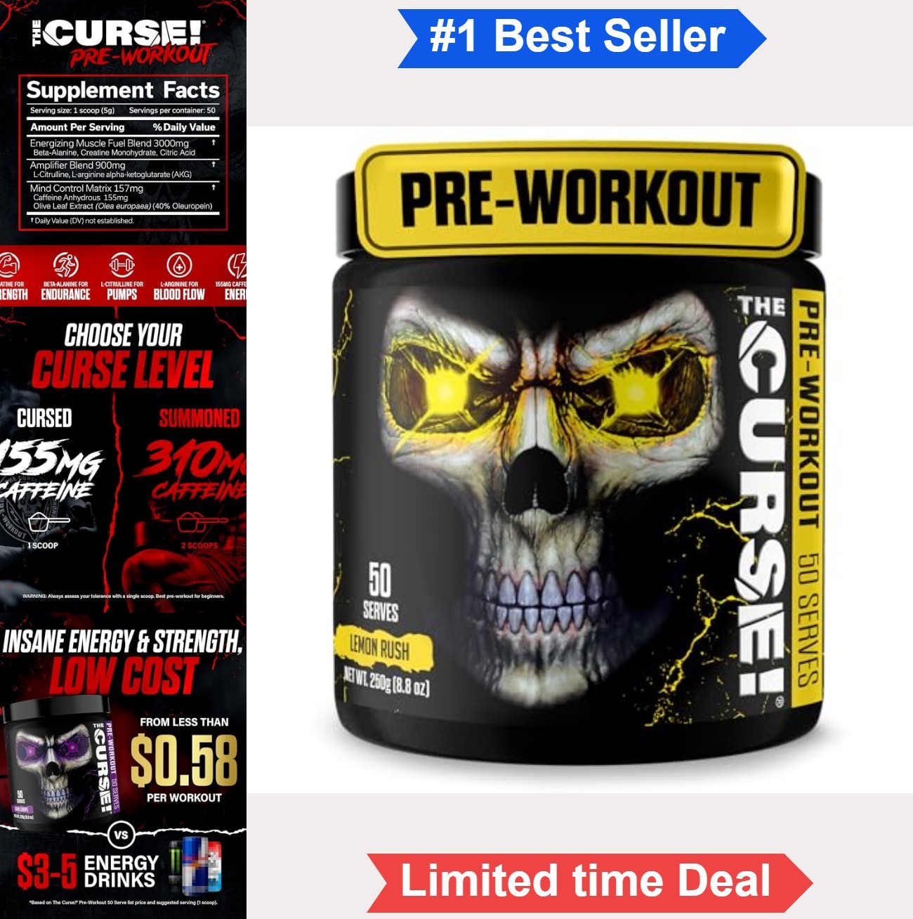 Pre Workout Powder 50 Servings Lemon Rush Creatine Beta Alanine L Citrulline
