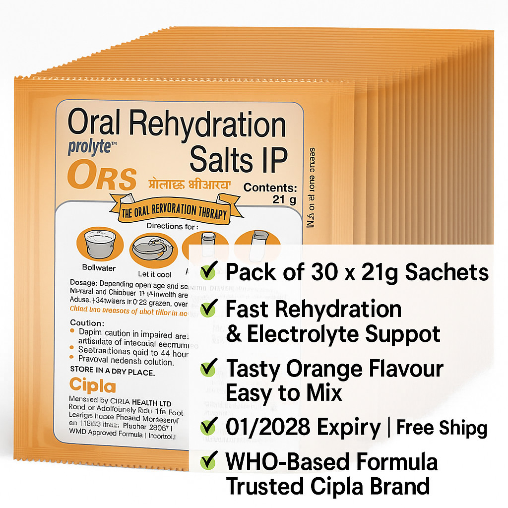 Cipla Prolyte ORS Orange 21g x 30 | Electrolyte Rehydration Drink | 01/2028 Exp.