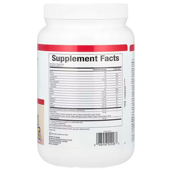 Natural Factors Whey Factors Grass Fed Whey Protein Powder, Strawberry, 12 oz