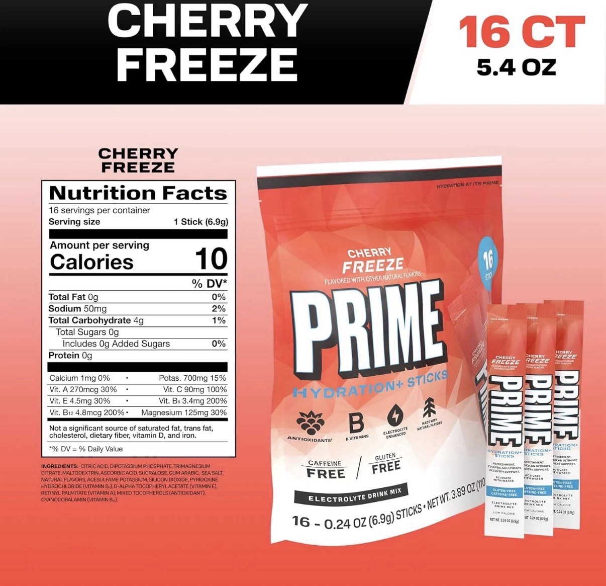PRIME Electrolyte Hydration Powder Mix 16 Sticks Caffeine-Free Cherry Freeze