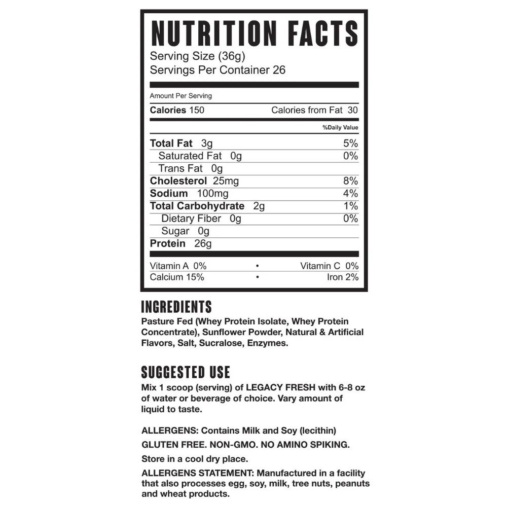 Legacy Fresh Whey Protein 5lb Pasture Fed 26g Protein Muscle Recovery