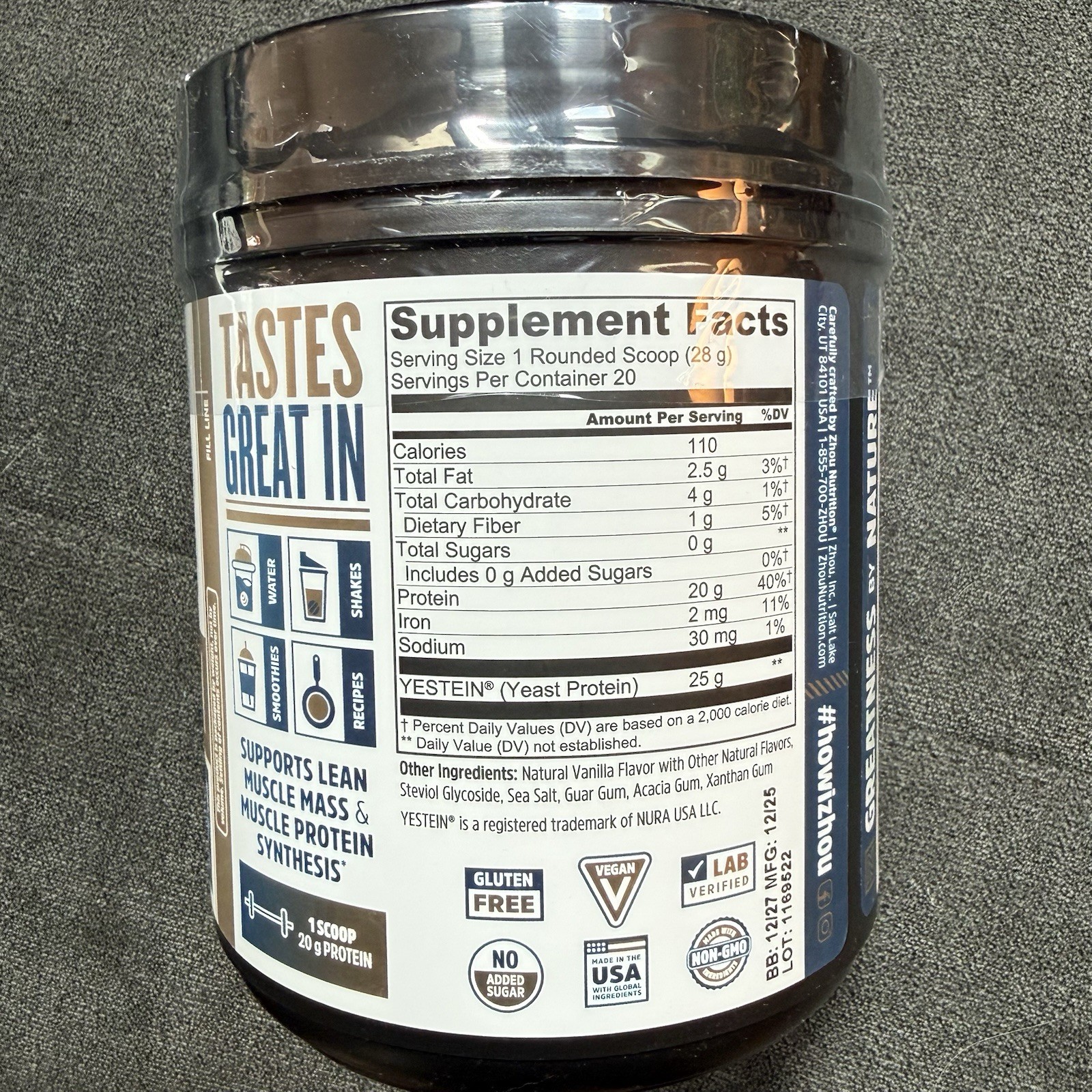 Zhou Complete Protein Vanilla 100% Vegan Protein, No Sugar Added (19.9oz)
