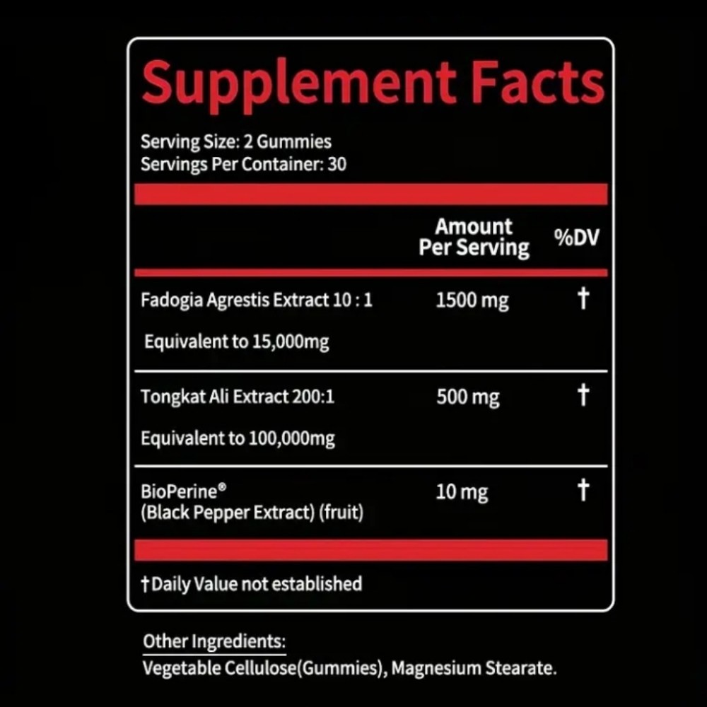 Fadogia Agretis Tongkat Gummies 1 Month Supply for Vigor Test Booster+ Endurance