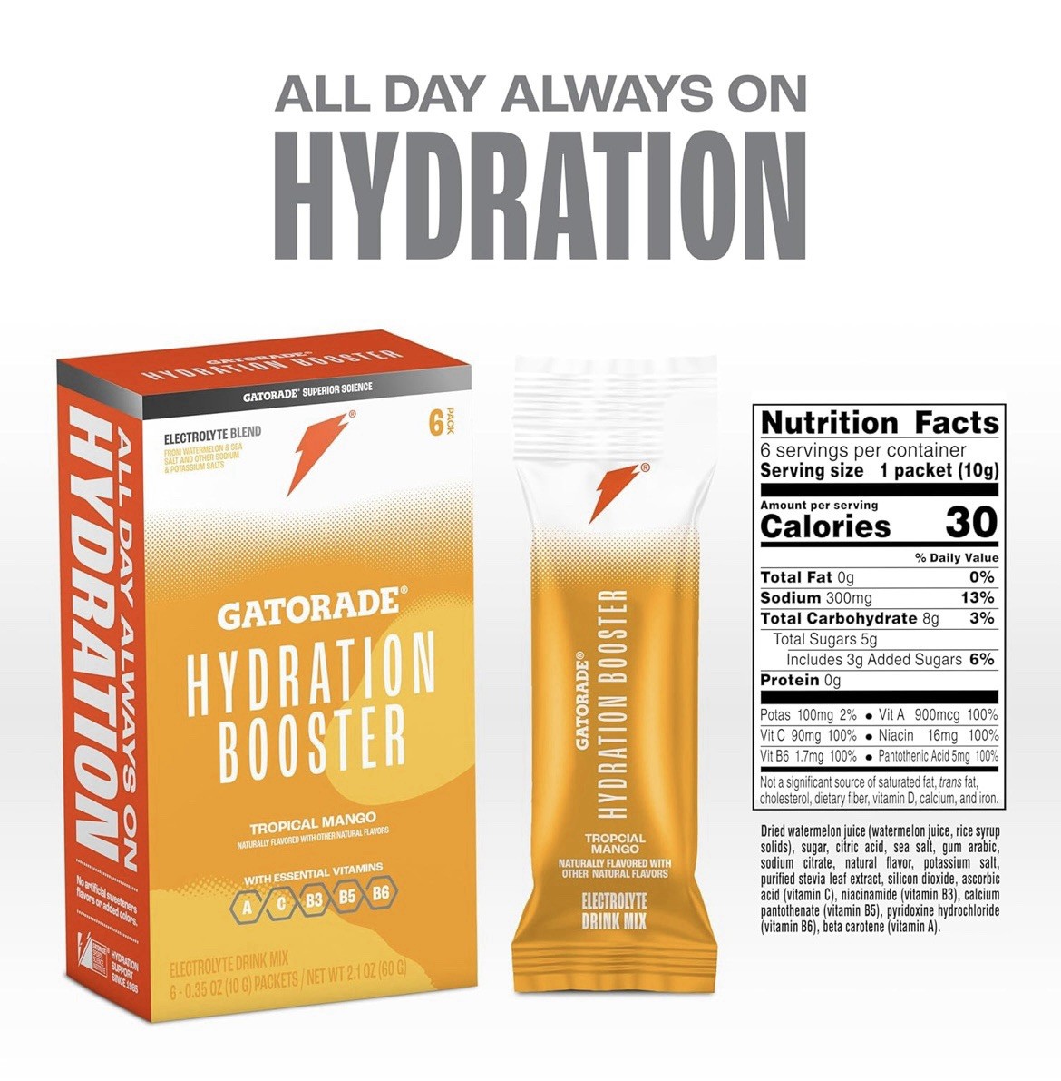 Gatorade Hydration Booster Tropical Mango Electrolyte Drink Mix, 6 Packets