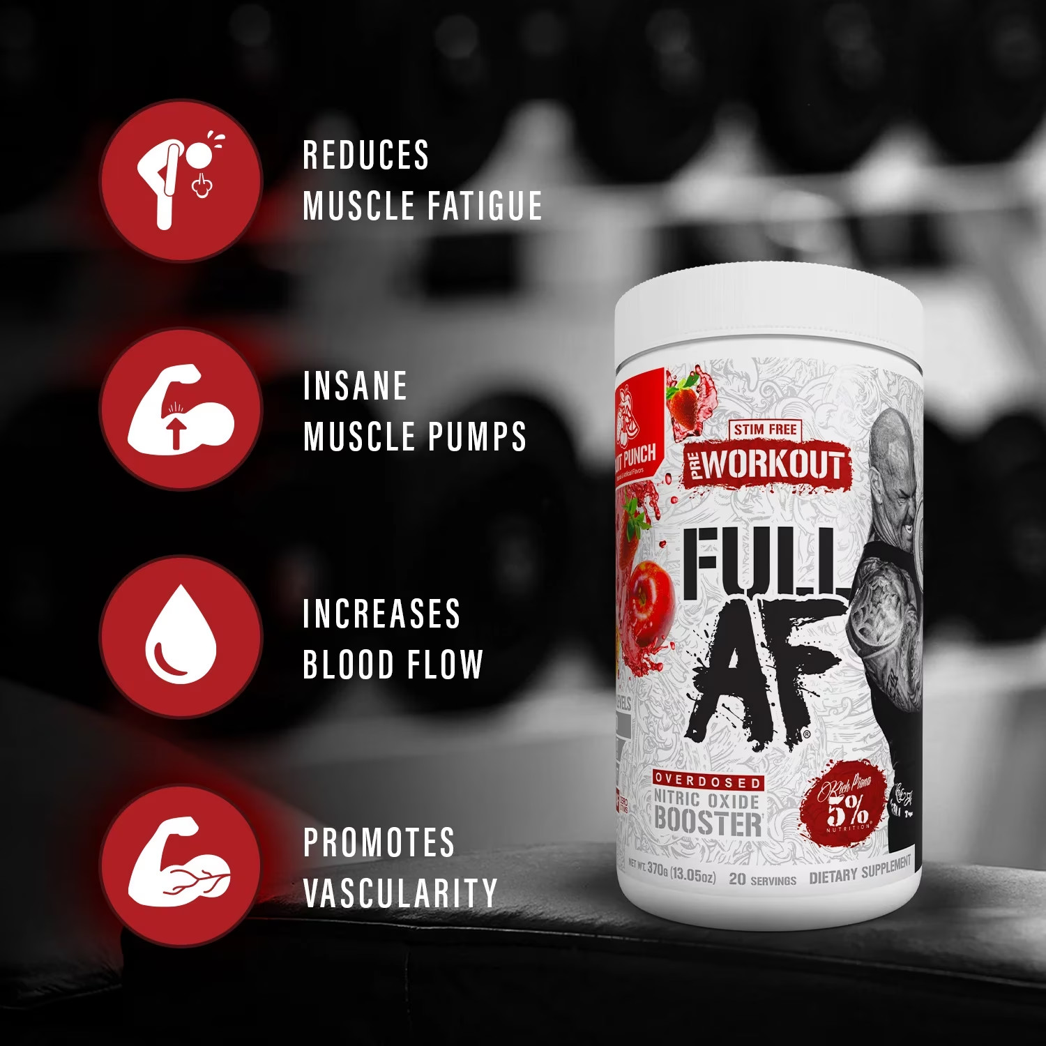 Full AF Pre-Workout Stim-Free Powder Supplement, Caffeine-Free Max Pumps, 20 Ser