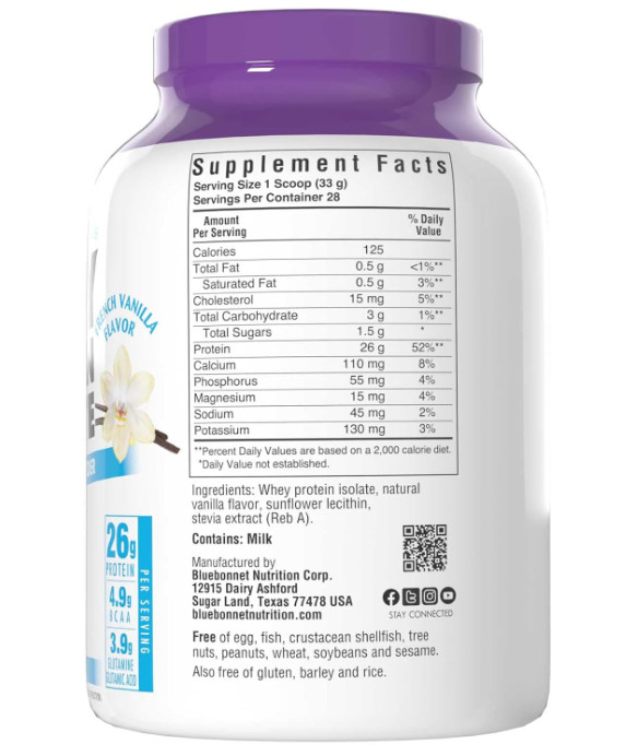 BlueBonnet Grass-Fed Whey Protein Isolate, French Vanilla, 2 lb, 28 Servings