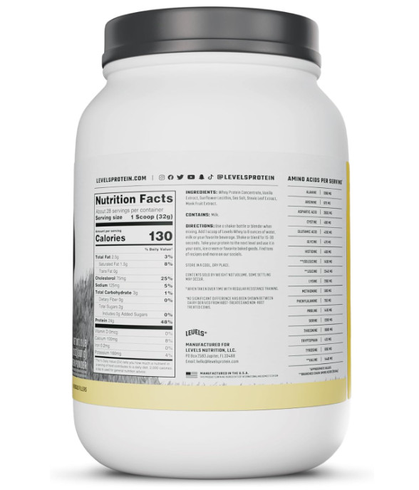 Levels Grass-Fed Whey Protein Powder, Vanilla Bean, 2 lb, 24g Protein