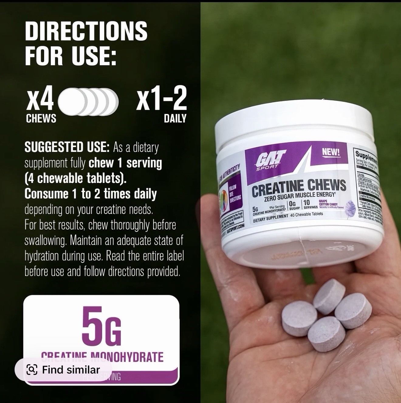 GAT Sport Creatine Chews Zero Sugar Grape Cotton Candy 5g 40 Tablets